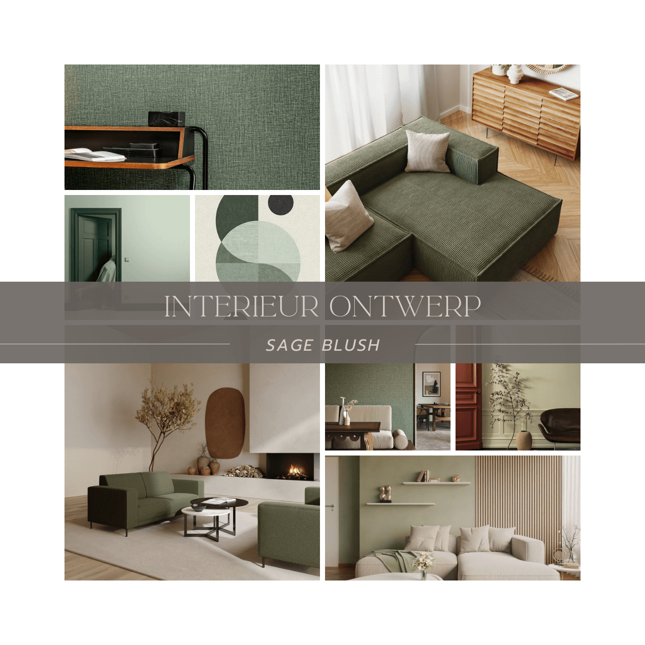 Mock-up foto van kant-en-klaar downloadbaar interieurplan met vooral groene kleuren en een vleugje roze of rood als accent. Moodboard met een balk tekst