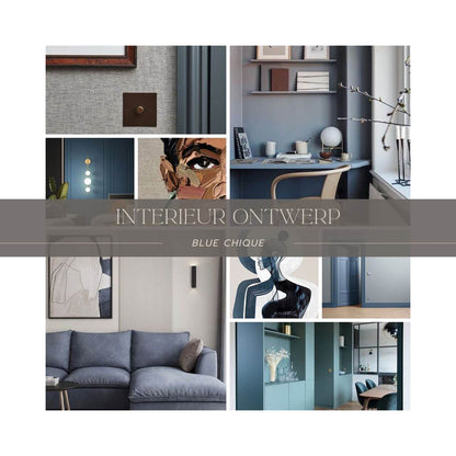 Mock-up foto van kant-en-klaar downloadbaar interieurplan met de kleuren blauw en beige en een vleugje roze. Moodboard met een balk tekst