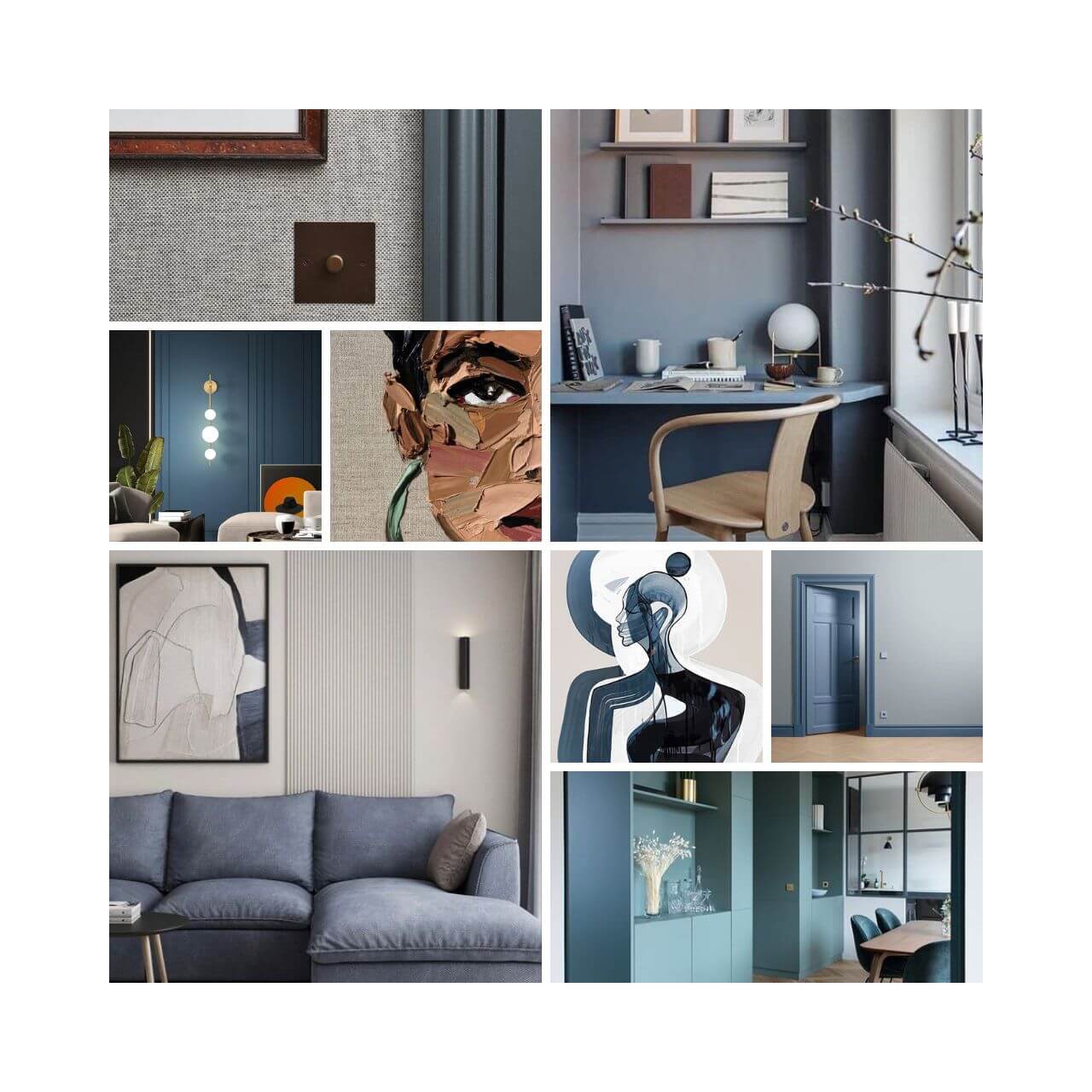 Mock-up foto van kant-en-klaar downloadbaar interieurplan met de kleuren blauw en beige en een vleugje roze. Alleen het moodboard