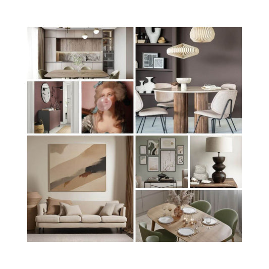 Mock-up foto van kant-en-klaar downloadbaar interieurplan met de aardse kleuren zoals bruin en beige en een vleugje olijf groen of modder rood als accent. Alleen moodboard