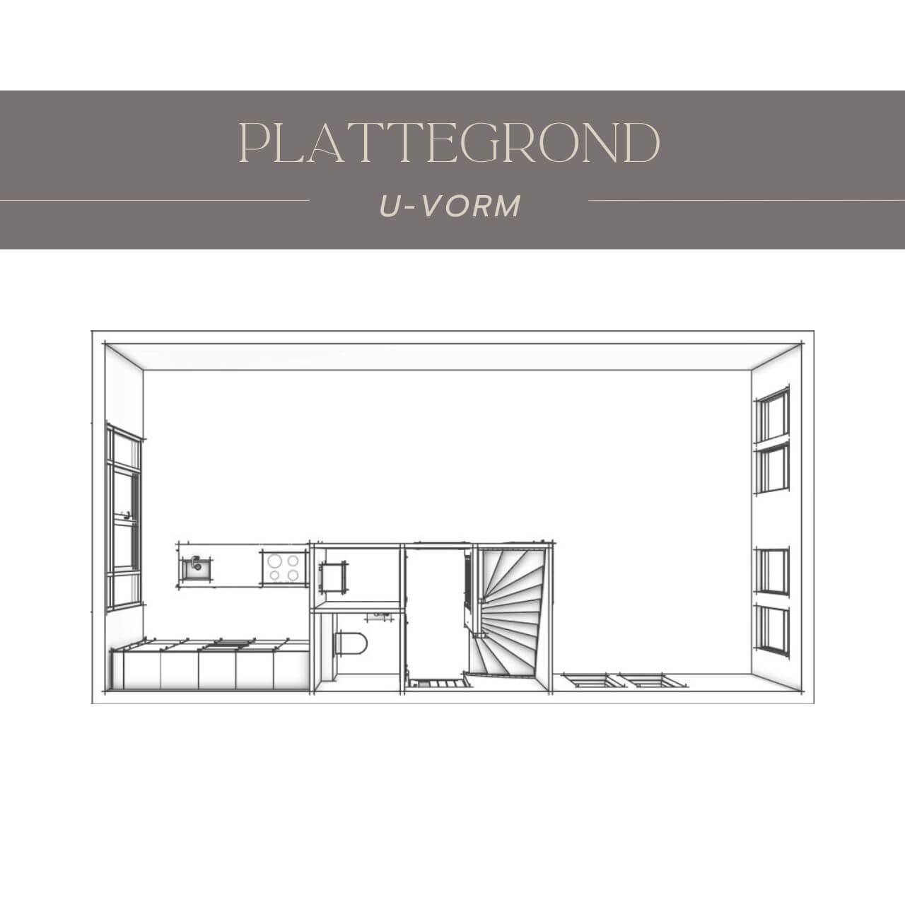 Voor de kant-en-klaar interieuradviezen is er een lege plattegrond gemaakt, zodat je het plan kan kiezen dat het beste bij uw indeling van uw huis past. Dit is de U-vorm