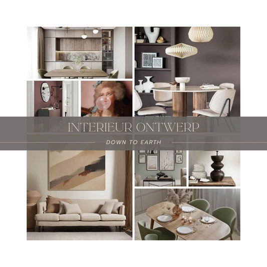 Mock-up foto van kant-en-klaar downloadbaar interieurplan met de aardse kleuren zoals bruin en beige en een vleugje olijf groen of modder rood als accent. Moodboard met een balk tekst